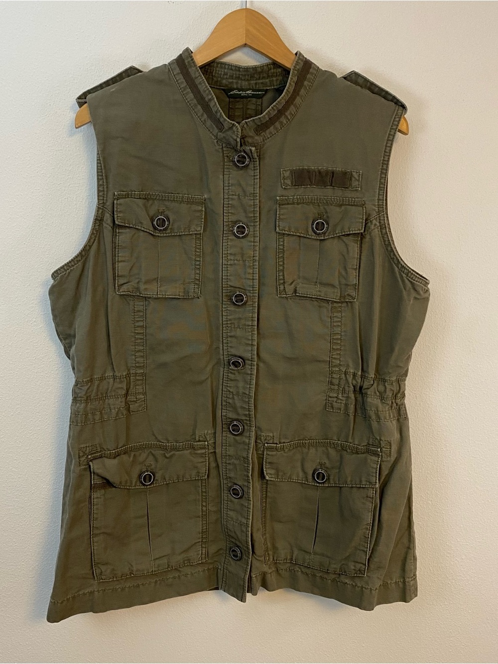 Eddie Bauer Olive Green Fisherman Utility Vest Cinch Waist Womens XL